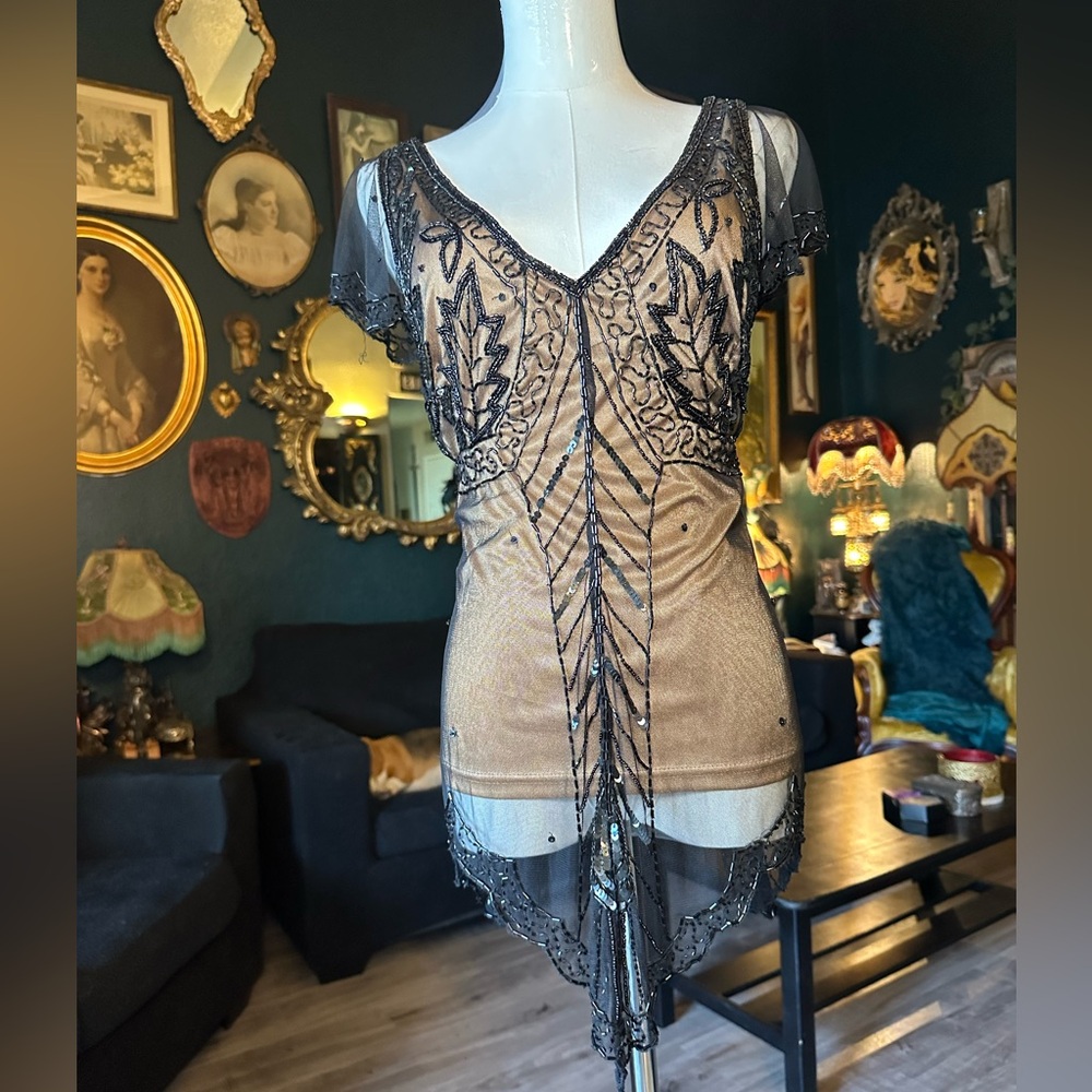 Deadstock Vintage Scala Black & Gold Beaded Top – Size L